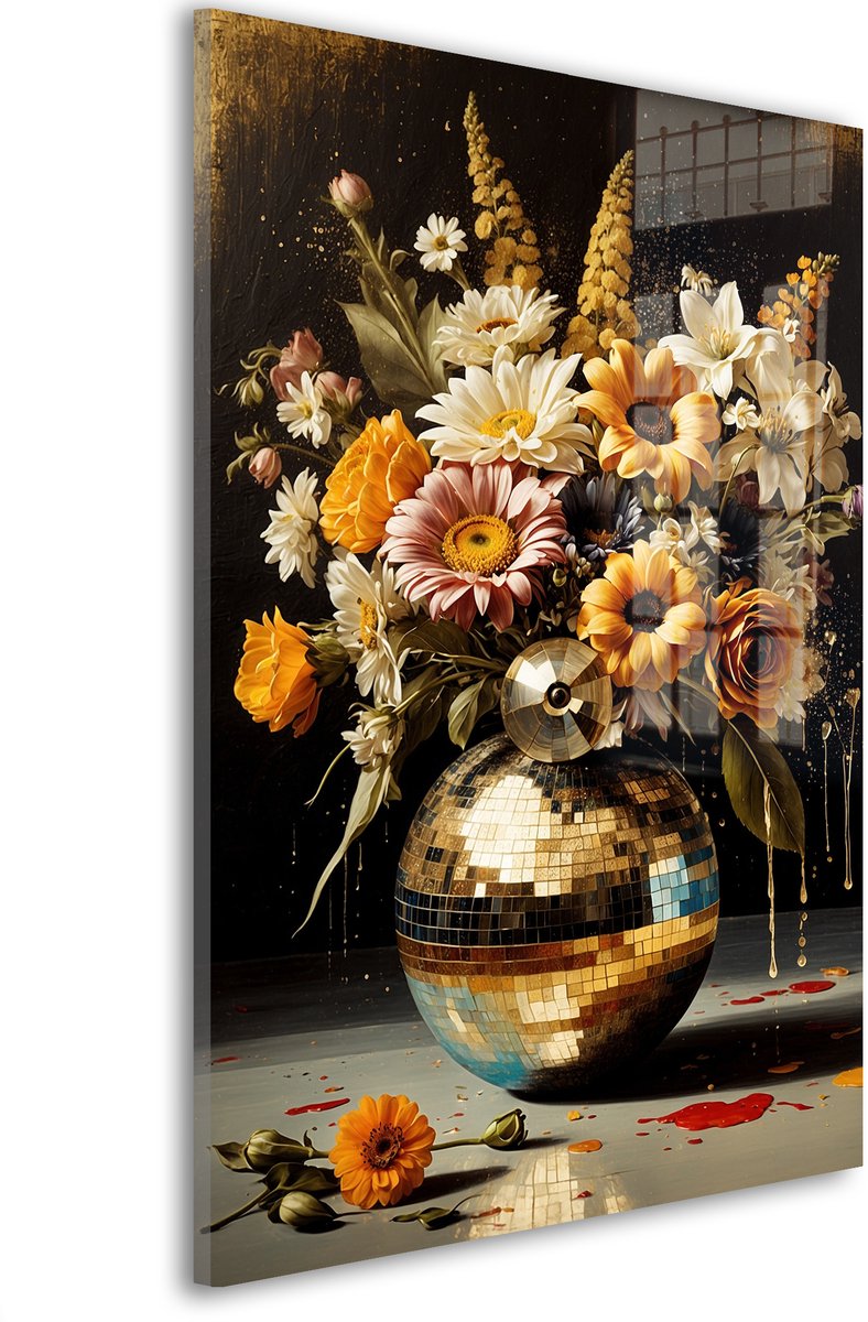 Glasschilderij Dansende bloemenpracht reflectie - 120 x 80 cm - Discobal - Bloemen en Planten - Acrylaat - Inclusief wandbevestiging - Foto op plexiglas - Wanddecoratie woonkamer – Modern – Modern