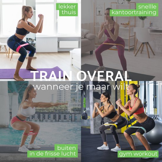 Vier scenario's van vrouwen die squats doen met weerstandsbanden: thuis, kantoor, buiten en in de sportschool.