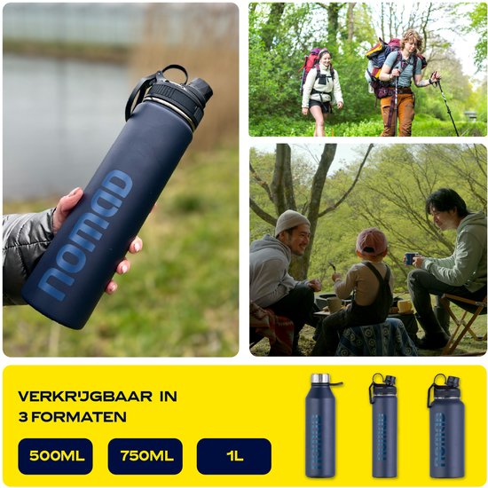 Blockhütte Premium roestvrijstalen drinkfles, geïsoleerd, 1 l, 750 ml, 500 ml, met borstel van natuurlijke haren, lekvrije waterfles, vaatwasmachinebestendig, voor kantoor, sport, vrije tijd, BPA-vrij