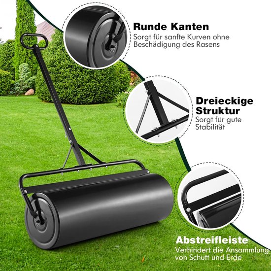 COSTWAY Gazonwals bij te vullen met water of zand, 63 liter, Ø 30 cm x 99 cm, bodemwals met handvat, metalen tuinwals, handroller, gazonroller voor vlakken, gazon, tuin, zwart van Costway — afbeelding 2