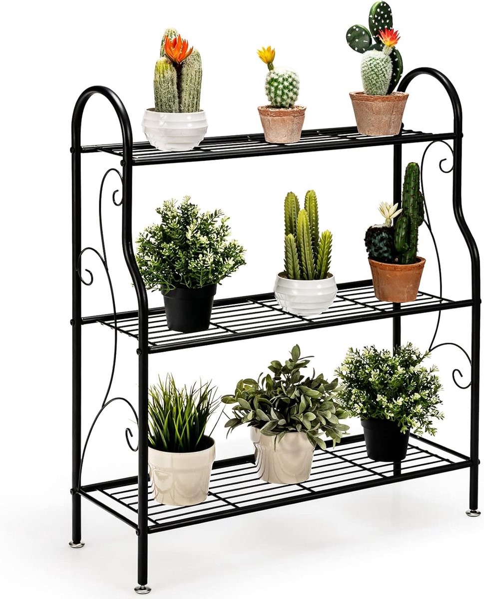COSTWAY plantenstandaard metaal, bloementrap belastbaar tot 35 kg, plantenrek 3 tier voor binnen en buiten, zwart, 72 x 25 x 85 cm