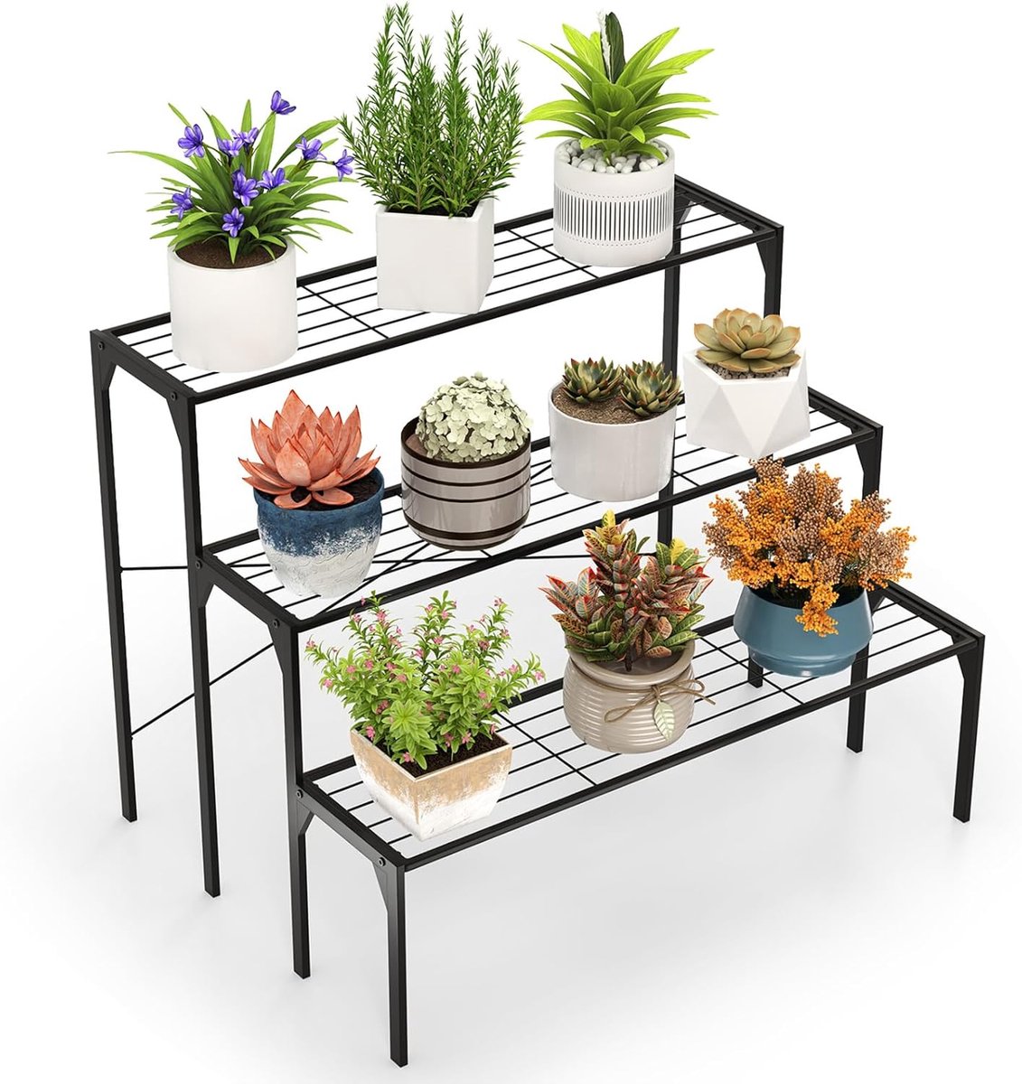 COSTWAY Metalen bloementrap, 3-traps bloemenrek, plantenstandaard, plantenrek, plantentrap, plantenpotten, bloemenbank, belastbaar tot 30 kg, voor tuin, balkon, binnen en buiten, zwart