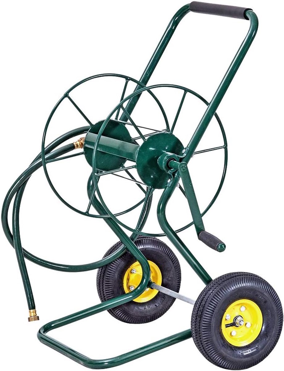 COSTWAY Slangwagen van metaal, voor 61 m 3/4 inch slang, tuinslangwagen met 2 luchtbanden en zwengel, slanghaspel slanghaspel tuin, incl. 188 cm aansluitslang, groen, 71 x 53 x 96,5 cm