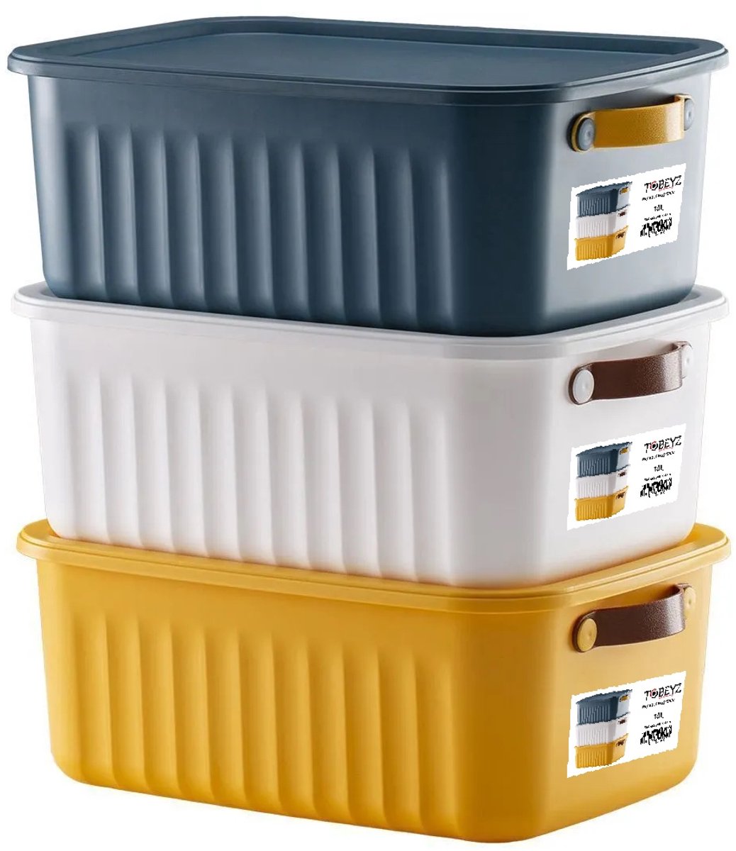 Tobeyz - Opbergbox - Opbergdoos - Opbergmand - 10L BPA-vrije Kunststof Opbergbox met Deksel – Nestelbaar en Stapelbaar – Ideaal voor Badkamer, Keuken en Speelgoedopslag - Geel, Marine, Wit