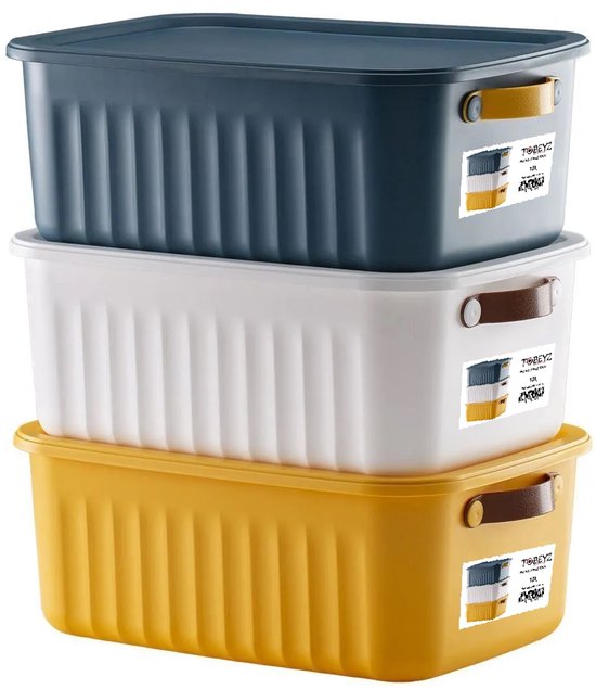 Tobeyz - Opbergbox - Boîte de rangement - Panier de rangement - Opbergbox en plastique sans BPA 10L avec couvercle - Emboîtable et empilable - Idéal pour la salle de bain, la Cuisine et le rangement des jouets - Jaune, Marine, Wit
