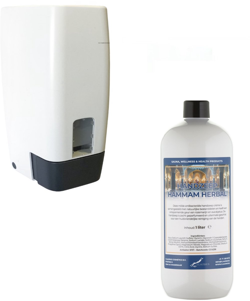 Zeepdispenser 1 liter kunststof hervulbaar + 1 liter handzeep Hammam Herbal