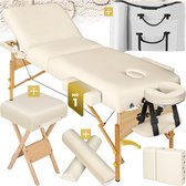 tectake® Massagetafel behandeltafel - matras 10 cm hoog en houten frame + rolkussens, draagtas en kruk - beige - behandelbank - incl. opbergtas - opvouwbaar - Beige