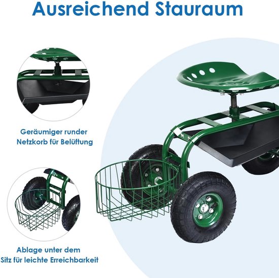 COSTWAY Rolzitje met wieltjes, tuinwagen met uittrekbare handgreep en mand, 360 graden draaibaar, in hoogte verstelbaar, tot 150 kg, verrijdbare tuinstoel, tuinrolstoel voor tuinieren, groen, van Costway — afbeelding 3