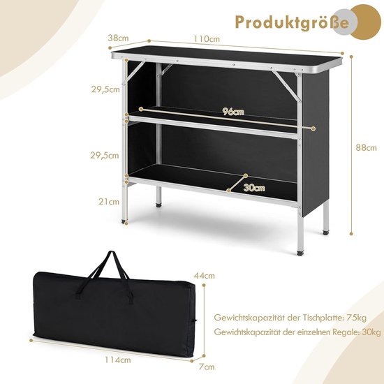 COSTWAY Campingkast, opvouwbaar, draagbare campingkeuken met 2 verdiepingen, aluminium vouwkast incl. draagtas, voor picknick, barbecue, feestjes, 110 x 38 x 88 cm (zwart) van Merkloos — afbeelding 3