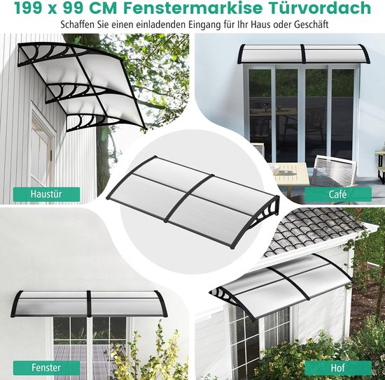 Luifel voor huisdeur met regengoot, transparant polycarbonaat, zilveren aluminium clip, overkapping, luifel, huisdeur, lessenaarsafdak voor buiten, huis, balkon, garage, raam (100 x 550 cm