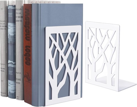 Candala Bookends for Shelves, Book Ends Metal Book Divider, Anti-slip Base, Great for Library, Office, Home, School, 1 Pairs （White Branch）