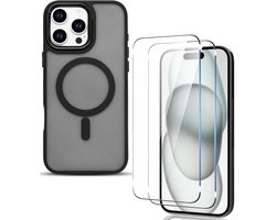 Matte magnetische hoes Geschikt voor: iPhone 16 Max Pro - Compatibel met MagSafe + 2x Screenprotector - Matte achterkant - Zwart