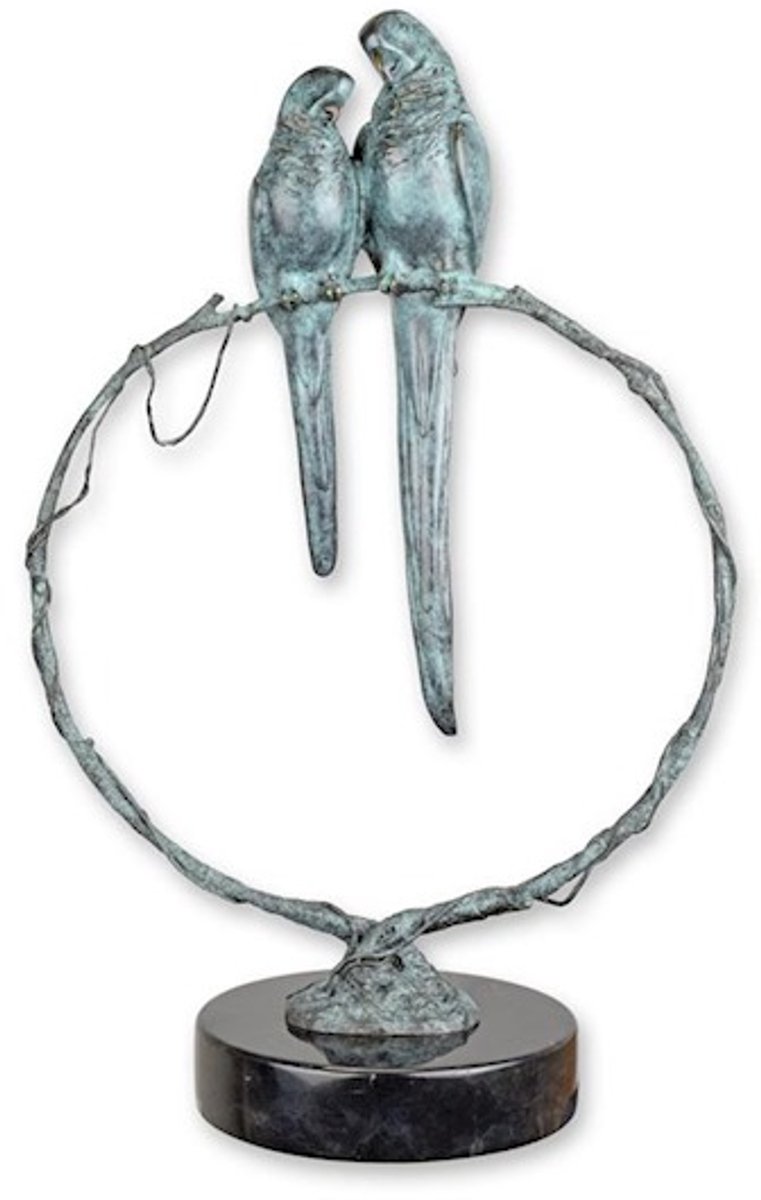 VntiQue Papegaaien op een Tak - Bronzen Beeld - Kunst Sculptuur - Brons Vogels - Decoratie - 20x36x56