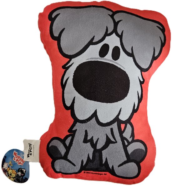 Rood kussen met grijze hond, grote zwarte mond en ogen, zachte vacht, zittend.
