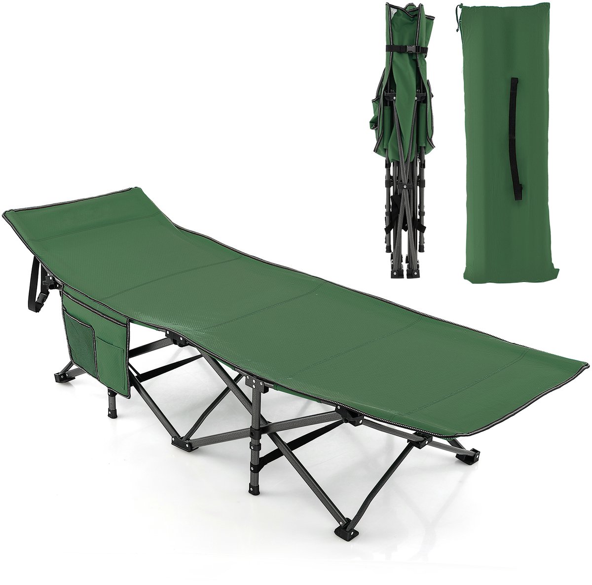 COSTWAY NP10890GNDE Veldbed met zijvak tot 272 kg belastbaar inklapbaar campingbed campingbed klapbed reisligstoel vouwbed voor reizen indoor outdoor groen