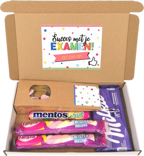 Succes met je examen - brievenbuspakketje - Succes met je examen, zet em op - snoepcadeau - Milka chocolade - Mentos - Frisia spek - winegum mix