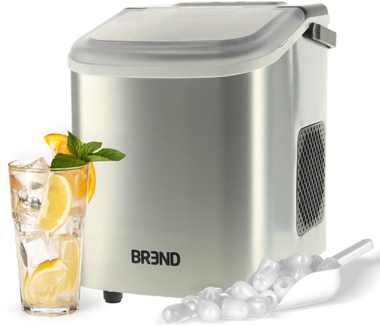 BREND BR-2213 IJsblokjesmachine met Schep en Lekbak - Grote L of Kleine S Ijsklontjes - Draagbare IJsblokjesmaker – 10 kg in 24 uur - Zilver