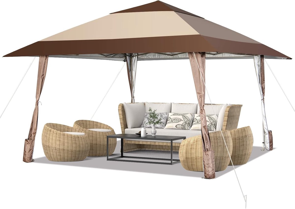 COSTWAY 4 x 4 m vouwpaviljoen, pop-up paviljoen met wielen, waterdicht, uv-bescherming 50+, partytent, tuinpaviljoen voor tuin, feest, bruiloft en festival, incl. met draagtas