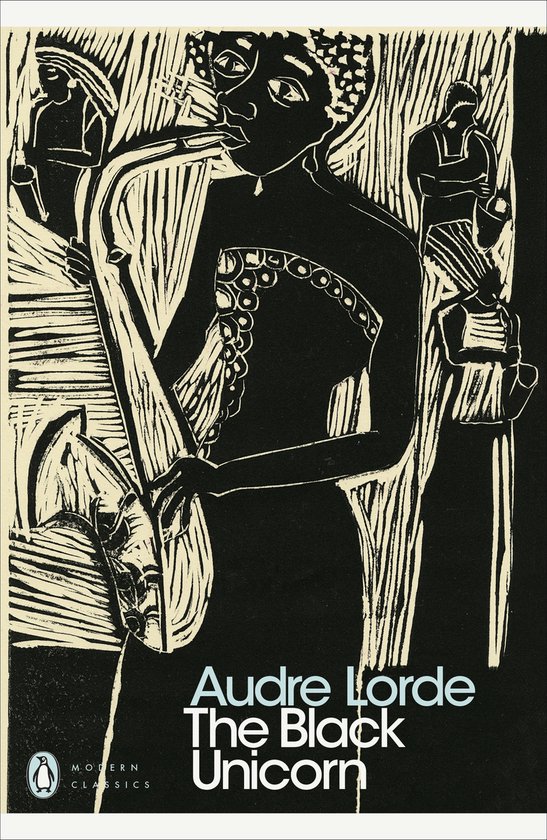 Zwart-wit illustratie van een persoon die saxofoon speelt, met de titel 'Audre Lorde The Black Unicorn'.
