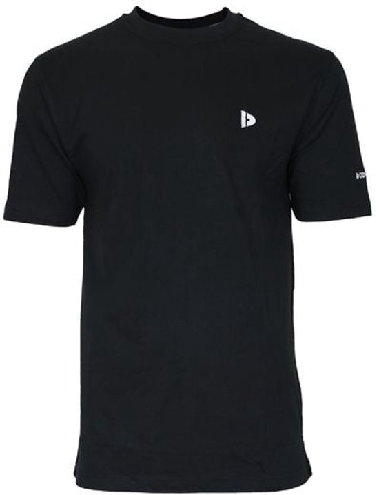Zwarte T-shirt met korte mouwen en een wit logo op de linkerborst.