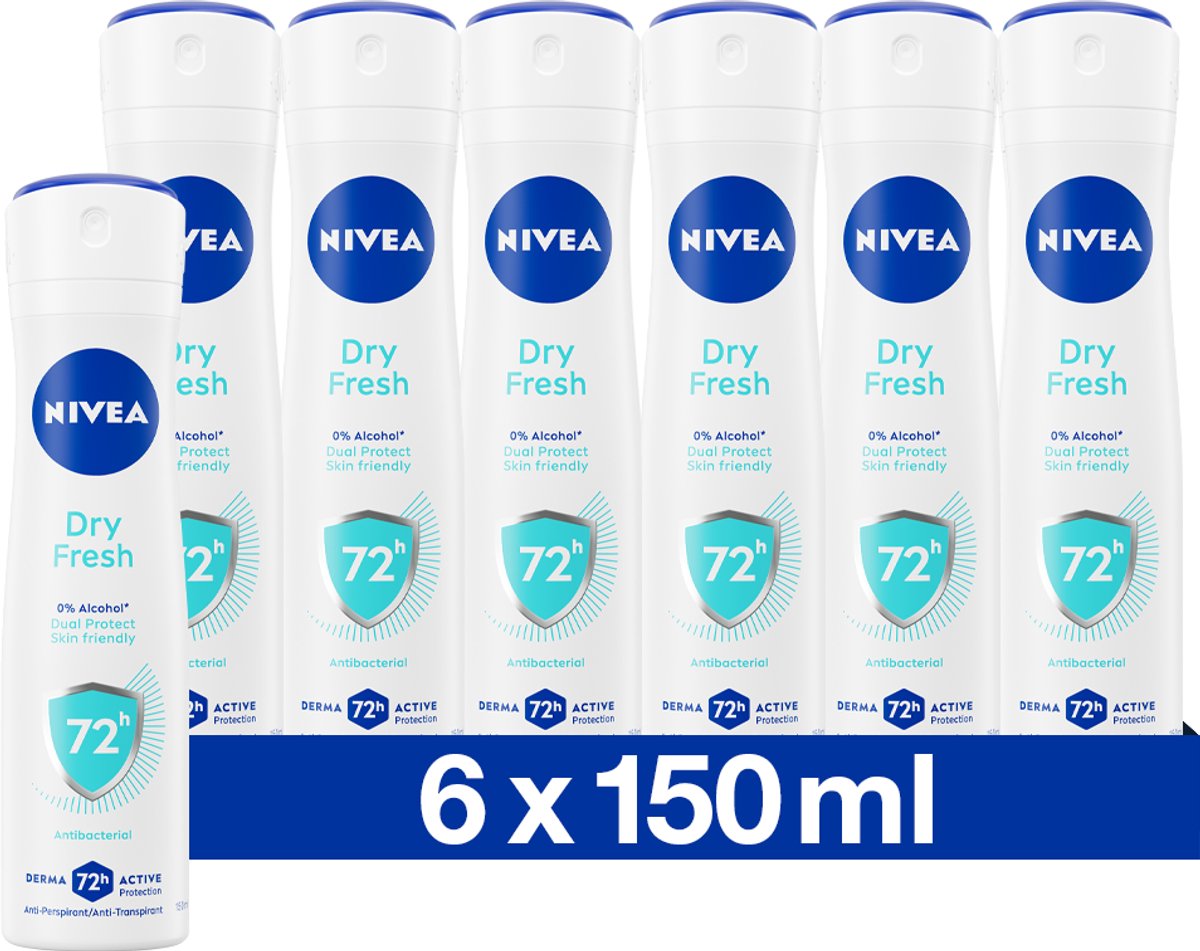 Goedkoopste NIVEA Dry Fresh Deodorant Spray - Anti-Transpirant - 72 uur bescherming - Antibacterieel - Alcoholvrij - Frisse geur - 6 x 150 ml - Voordeelverpakking