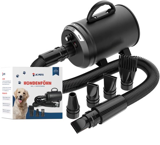 JC Pets Professionele Hondenföhn - 2800W Krachtige Waterblazer voor Honden - Inclusief 4 Opzetstukken - Stil Model met Geluiddemper - Robuuste Metalen Compacte Behuizing