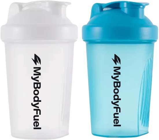 MyBodyFuel - Shakebeker - 400 ml - met mixfilter - Wit en Blauw - Set van 2 - Proteïne Shaker - BPA-vrij