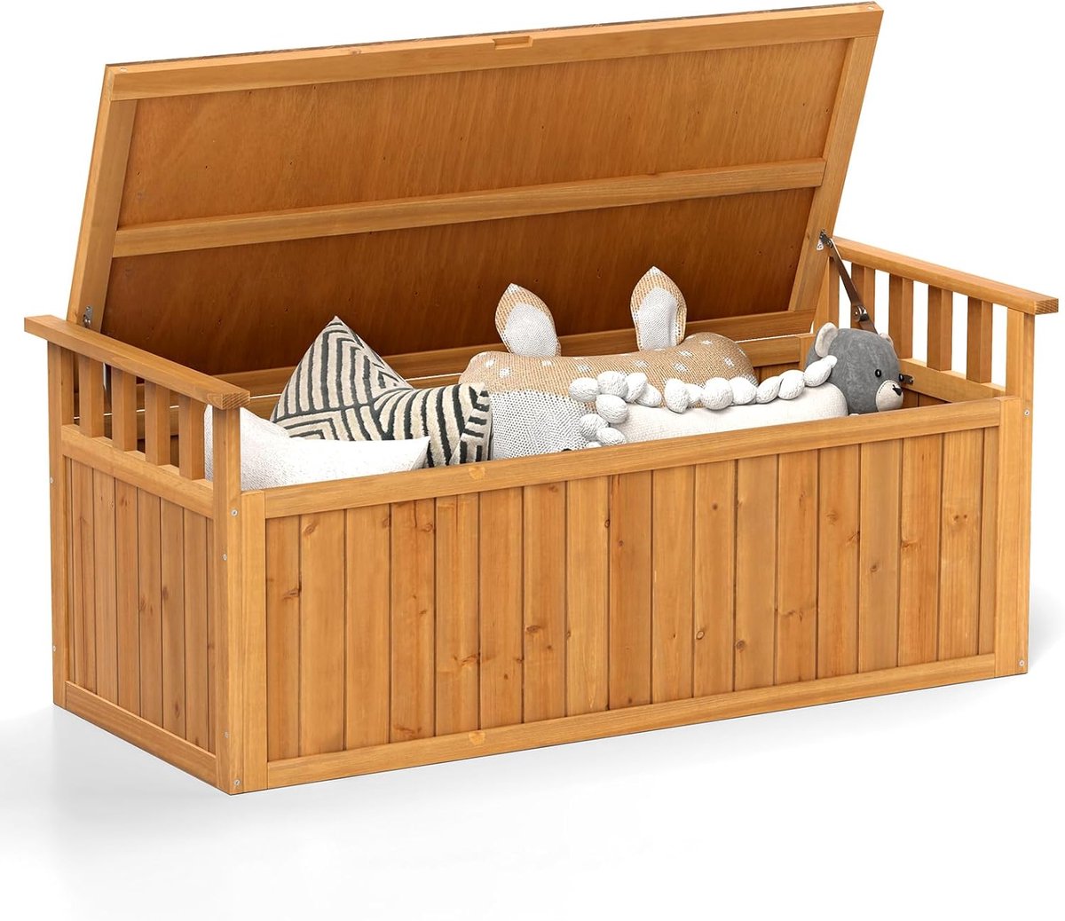 COSTWAY Tuinbox van hout, 209 liter, opbergbox met armleuningen, deksel en handgreep, 2-zitsbank, tuinbank met opbergruimte, opbergbox outdoor, voor tuin terras, 128 x 58 x 53 cm, naturel