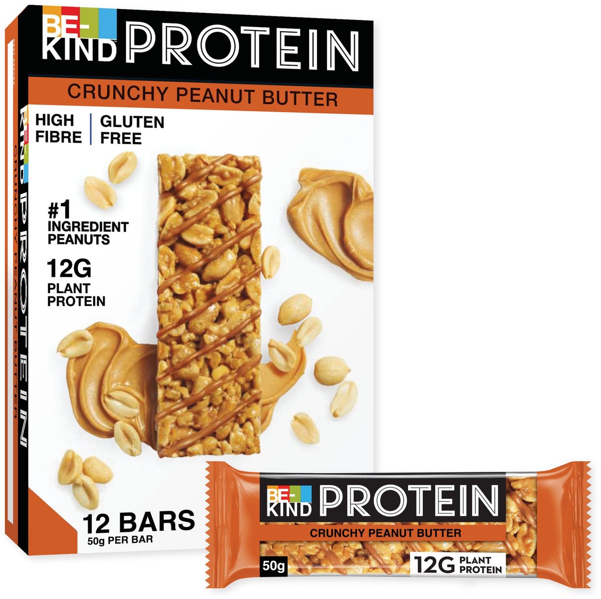 Be-Kind proteïne notenreep - crunchy pindakaas - glutenvrij - 12x50g