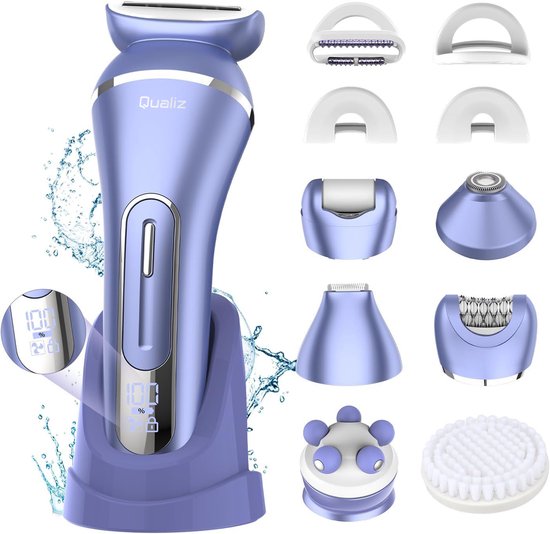 Paarse Qualiz ladyshave met digitale display en diverse opzetstukken, inclusief scheerhoofd, epilator en massagekop.