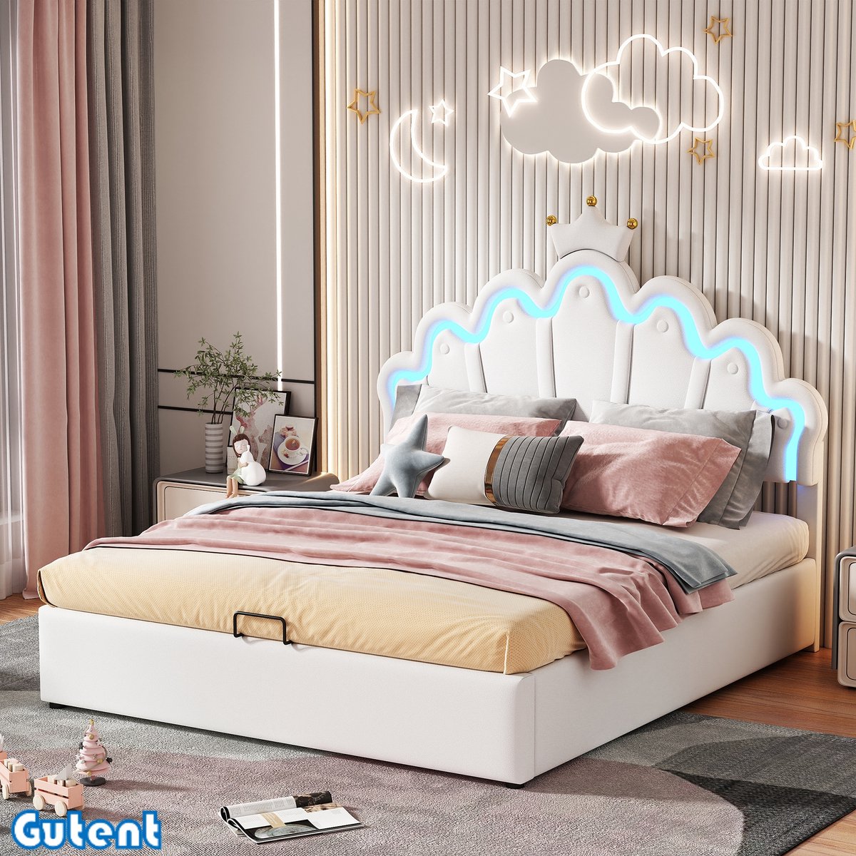 Gutent Kinderbed-140*200 cm-Princessenbed-Meisjesbed-Verstelbare sfeerverlichting-Kroonlijst-Wit-Geen matras