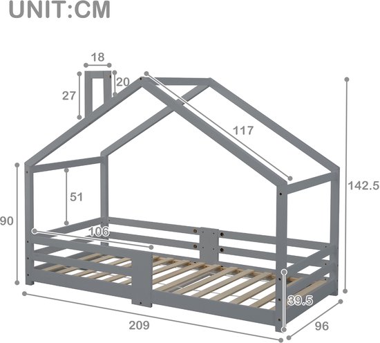Kinderbed Huisbed met Schoorsteen, Valbeveiliging, Robuuste Lattenbodems, Grenen Houten Huisbed voor Kinderen, 90x200 cm Zonder Matras, Grijs