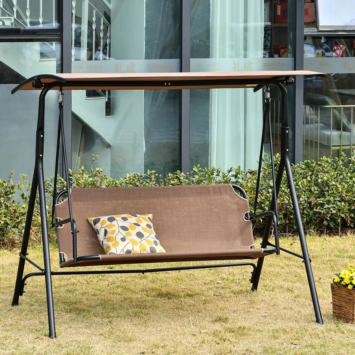 Sweiko Schommelstoel - 2 zits - Tuinschommel - UV-bestendig - Metaal + Polyester - Verstelbare hoek - Bruin