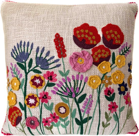 Sierkussen brodé Jardin fleuri beige 45x45cm