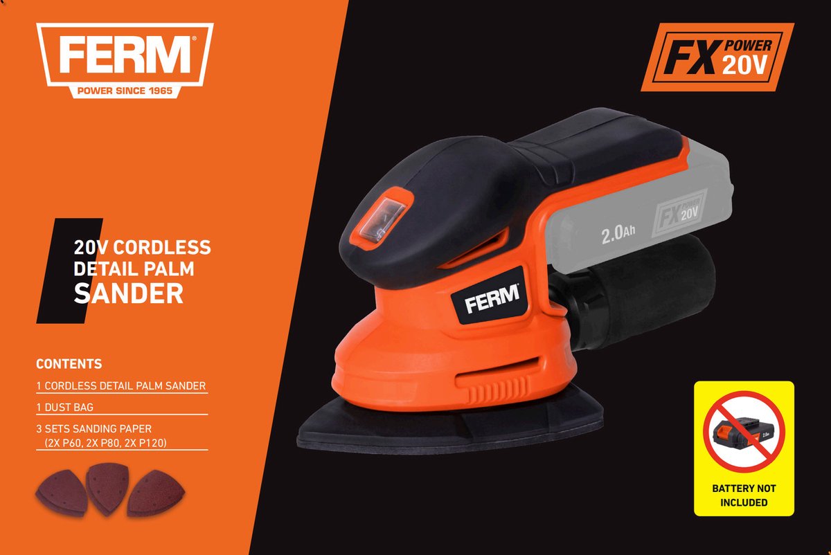 FERM- AX-POWER - PSM1033 - Draadloze - Schuurmachine - 20V - Schuurzool - 150x150x100mm - 10000/min - Zonder accu en lader - met - Stofzak - 6 schuurvellen - Ook geschikt voor - FX-POWER - Accu schuurmachine - Handpalmschuurmachine - Delta schuurder – foto 3