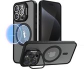 Coque de téléphone adaptée à iPhone 15 Pro - Ensemble 2 en 1 - Coque + 3 Protecteurs d'appareil photo - Étui MagSafe - Avec support de téléphone - Zwart - Transparent