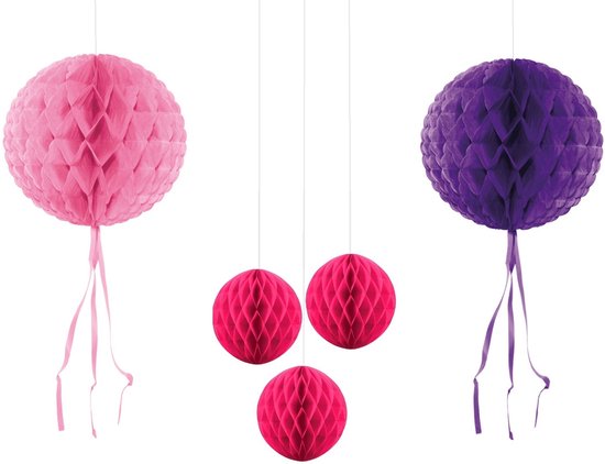 Décoration en Honeycomb - Décoration en Honeycomb d'abeille - Décoration en nid d'abeille - Décoration boule - Décoration à suspendre en papier - Rose - Violet - 5 Pièces - 18 & 30 Cm - Fête - Décoration - Anniversaire - Décoration.