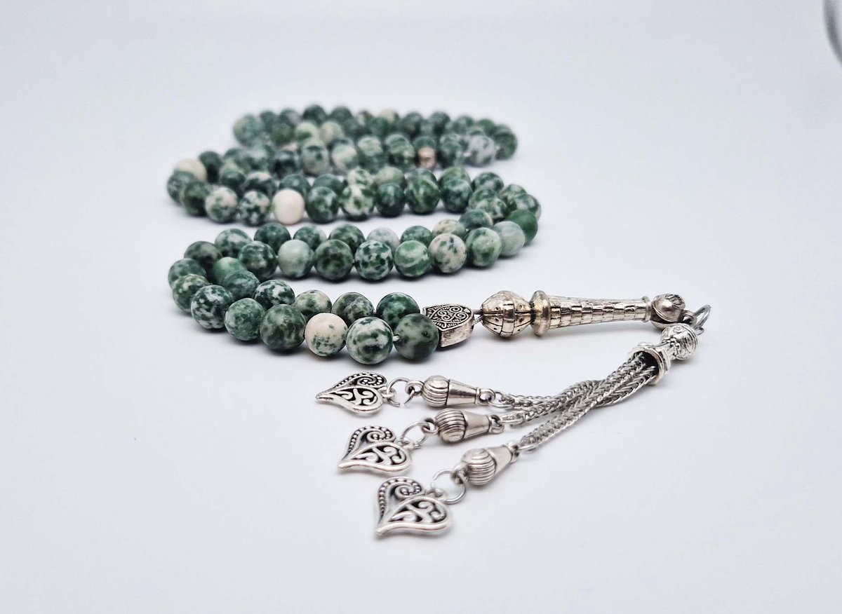 Handgemaakte tesbih "Tasbih" natuursteen "Qinghai hade" - Aantal kralen 99 - Diameter kralen 8MM - met metaal tassel "Harten" - Een mooi cadeau-idee