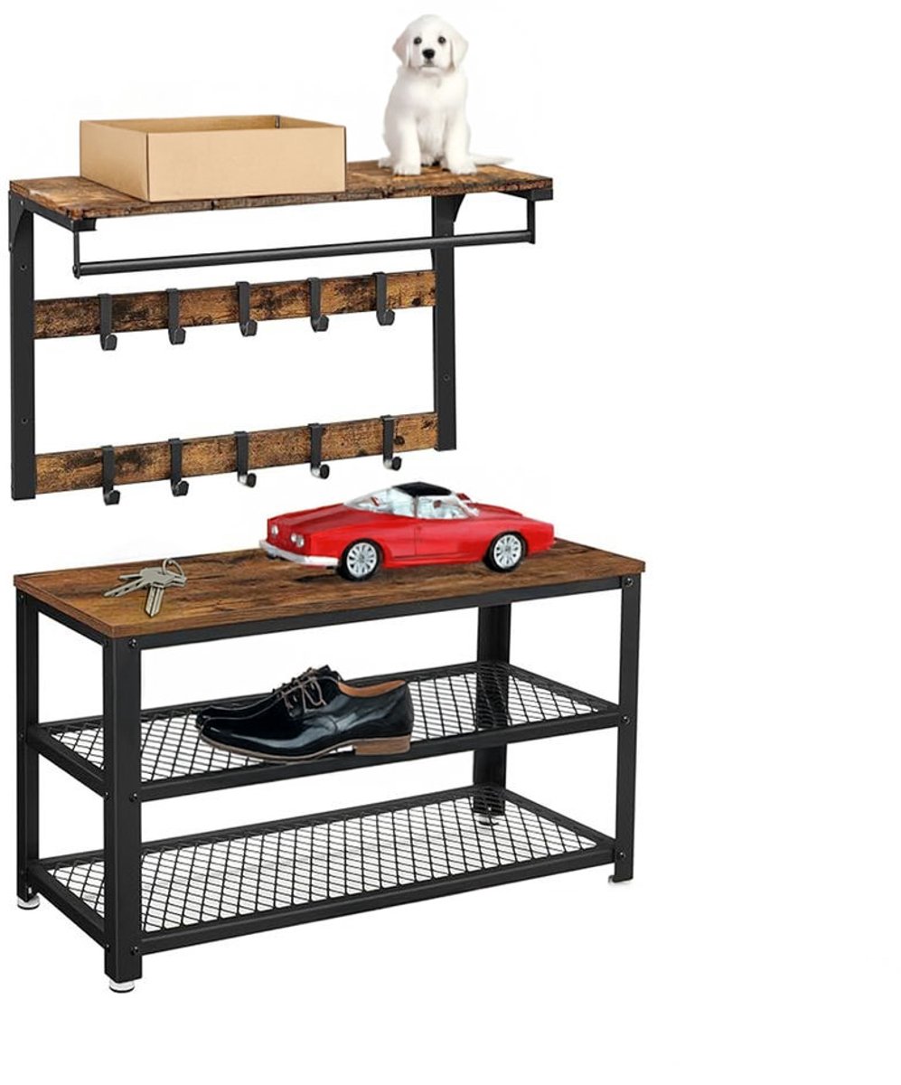Homesy Wandkapstok - Gaderobe set - Bankje met wandstok - Met haken - 2 planken - Bruin zwart