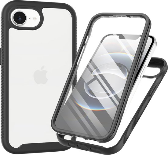 Transparante telefoonhoes met zwarte randen, met een iPhone erin.