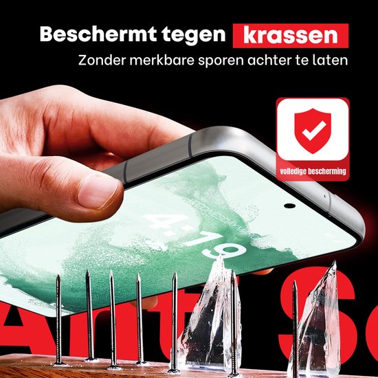 Smartphone met screenprotector, beschermd tegen messen. Tekst 'Beschermt tegen krassen' en 'volledige bescherming'.