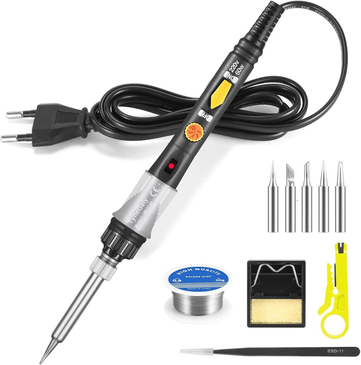 Soldeerboutset met Temperatuurregeling (200-450 °C), 10s Opwarmtijd, 5 Verwisselbare Punten, Accessoires voor Reparaties en Hobby projecten