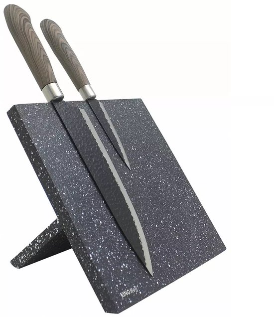 Bloc à couteaux magnétique Kinghoff - Support à couteaux magnétique universel en marbre Zwart - Accessoire de cuisine moderne (21,5 x 21,5 cm)
