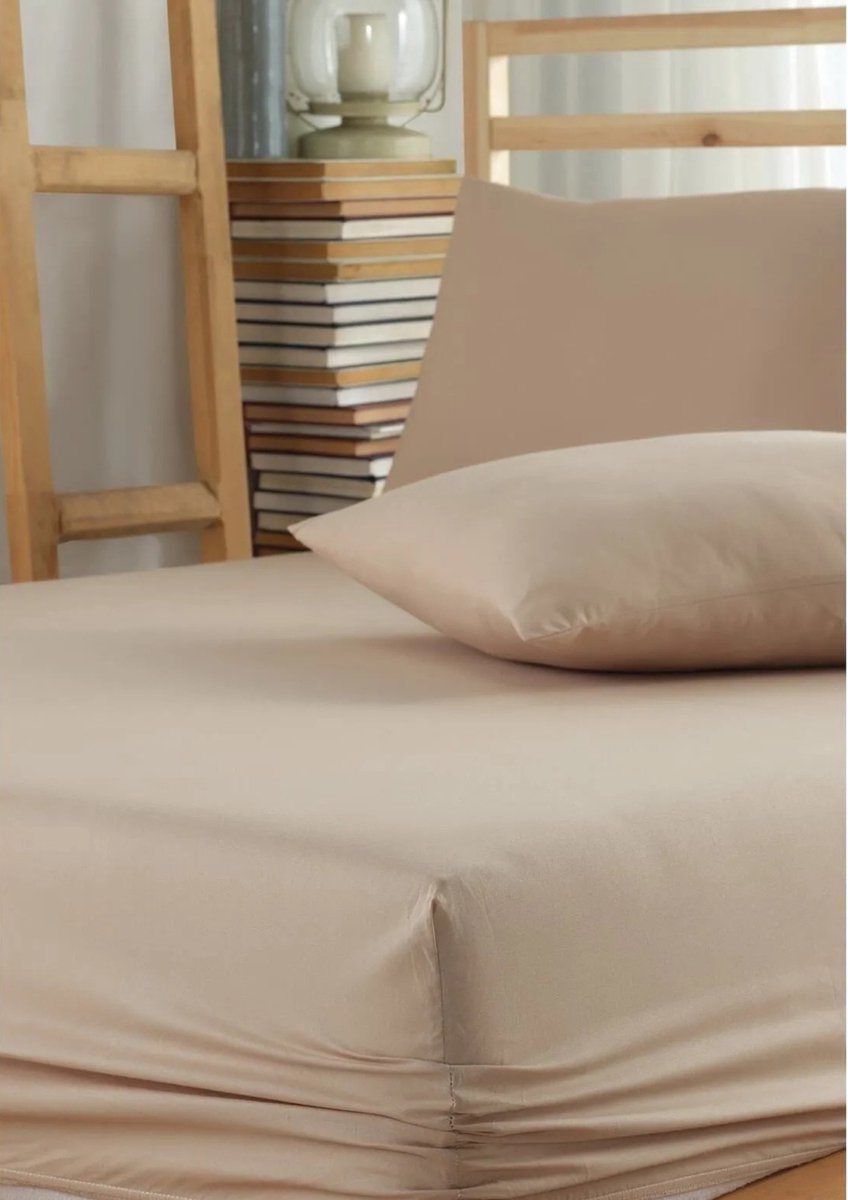Hoeslaken - Inclusief Kussensloop - 100% Ranforce Katoen - 90x200 cm - Beige - Zacht - Ademend & Hypoallergeen - Elastische Hoeken tot 35 cm - Perfecte Pasvorm - De Linde Home