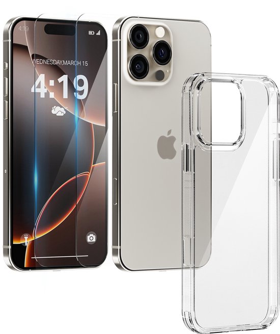 Hoesje geschikt voor iPhone 16 Pro Transparant - 2x screenprotector - beschermglas screen protector- Anti Shock case
