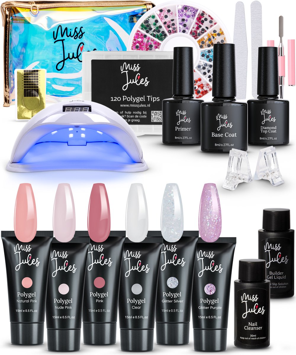 Goedkoopste Miss Jules® Luxe Complete Polygel Kit - Polygel Nagels Starterspakket - 6 Kleuren - HEMA & TPO Free - Incl. 48W LED Lamp, Primer, Nail Cleanser & Instructievideo (NL