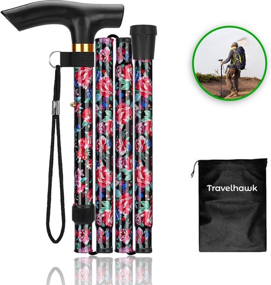Travelhawk Wandelstok - Verstelbaar en Opvouwbaar - Scarlet - Incl. Opbergtas - loopstok Ouderen