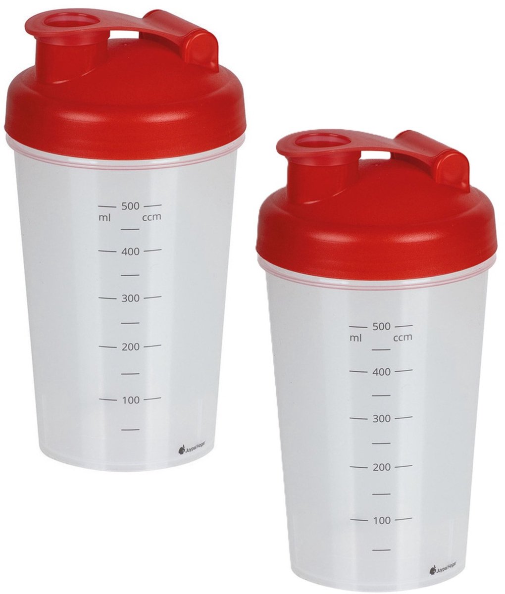 Juypal Shakebeker/shaker/bidon - 2x - 600 ml - rood - kunststof