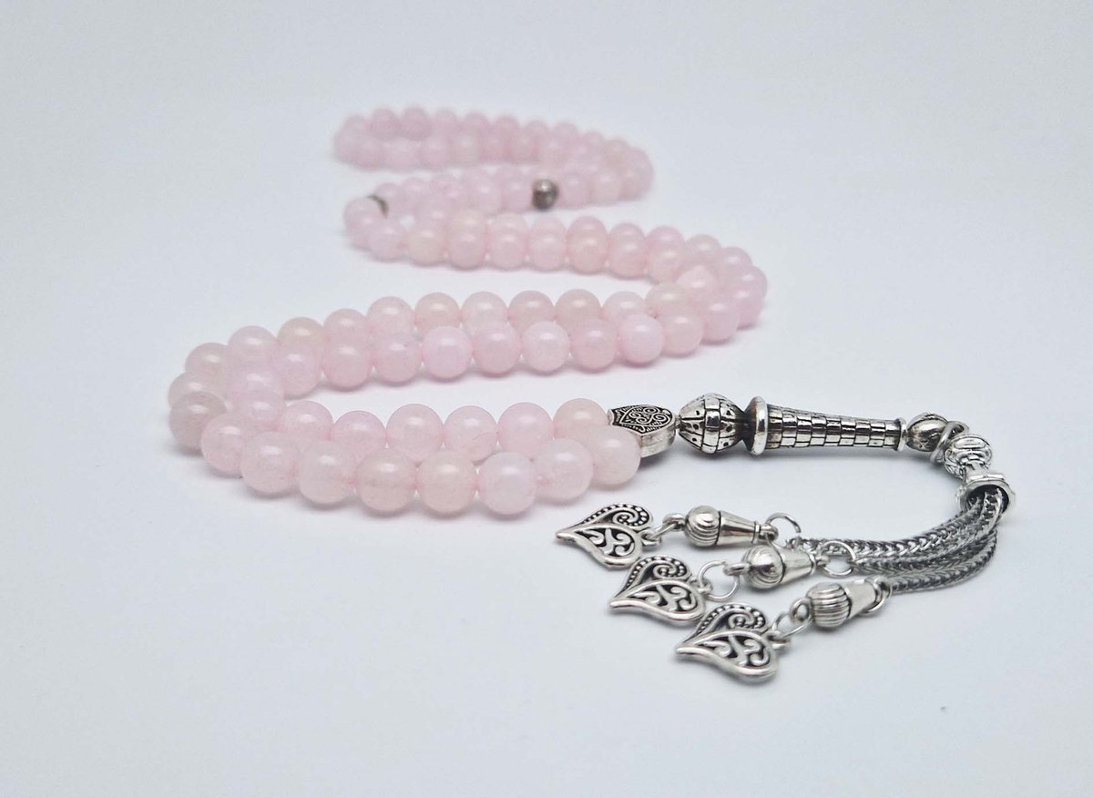 Handgemaakte tesbih "Tasbih" natuursteen "Roze kwartz" - Aantal kralen 99 - Diameter kralen 8MM - met metaal tassel "Harten" - Een mooi cadeau-idee