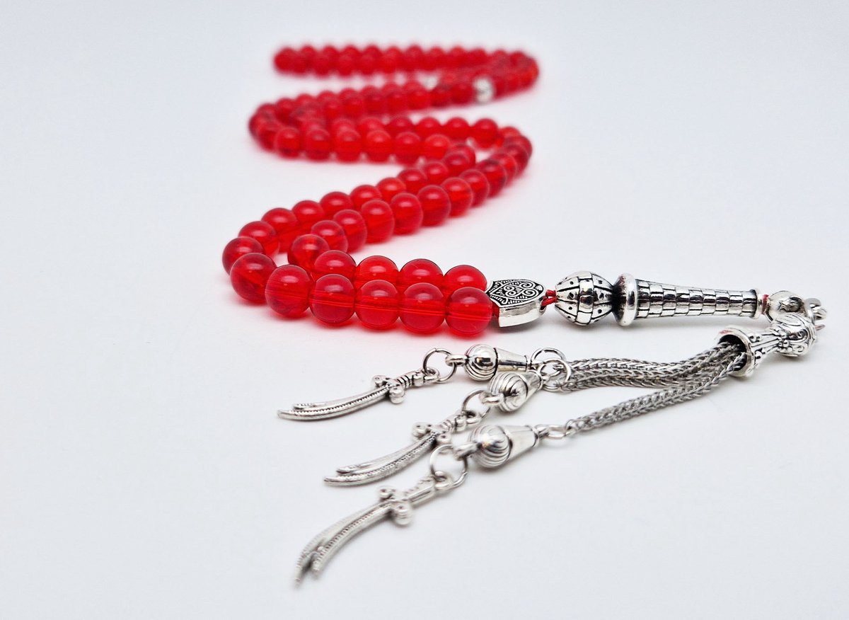 Handgemaakte tesbih "Tasbih" natuursteen "Rode kwarts" - Aantal kralen 99 - Diameter kralen 8MM - met metaal tassel "Zwaarden" - Een mooi cadeau-idee
